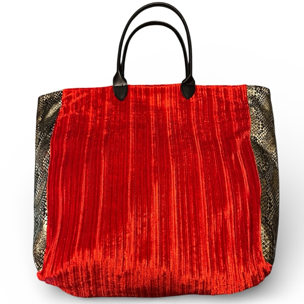 Momo New York Red Pleated Velvet Tote Bag Embossed Metallic Snakeskin Panels